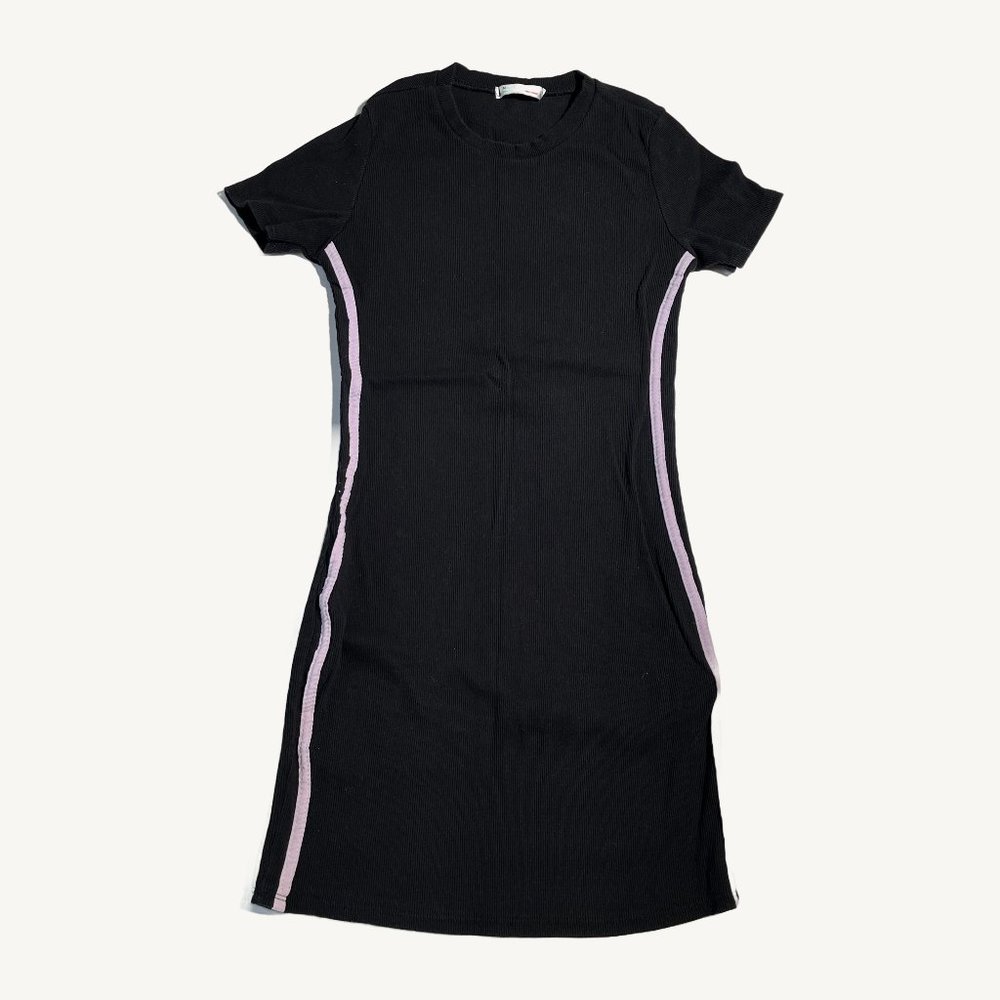 Made in Italy Ribbed Black and Purple Mini Dress Crey Neck T-Shirt Sleeves
